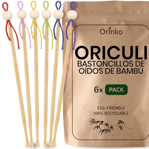 ORINKO® Bastoncillos Oídos Reutilizables de Bambú x6 - Palillos Ecológicos para Quitar Cera de Forma Natural - Cuchara de Oreja Sostenible para el Cuidado Diario de los Oídos Sensibles