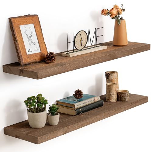Image of Marsmiles Floating Shelves | 36 Inch Dark Wood Wall Shelves Set of 2 | 9.3 Inch Deep Rustic Reclaimed Wood Shelves for Room Wall | Farmhouse Floating Shelves for Living Room Bathroom