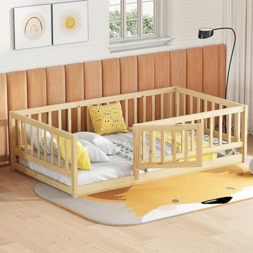 Image of Bellemave Twin Size Kids Montessori Floor Bed with Door,Solid Wood Floor Bed Frame with Slats and High Fence for Kids,Girls,Boys,Natural