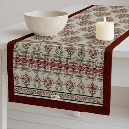 Vargottam Boho Cotton Table Runner - Double Layer with Printed Floral Design - Machine Washable - Table Décor for Kitchen, Living & Events, 14" x 60"