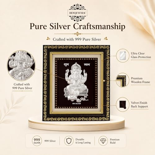 Image of Hem Jewels 999 Pure Silver Ganesh Photo Frame for Home & Office | God Frame for Pooja Room & Wall Decor | Premium Pure Silver Gifting Item for Wedding, Housewarming, Office, Wedding & Festival Gifts | Square Tabletop | W=12cm & H=13.5 cm | Certificate Included