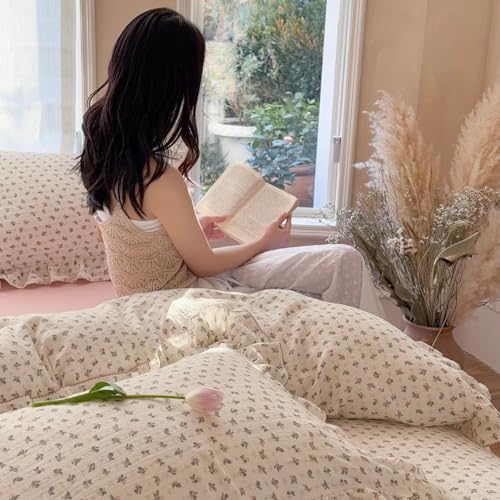Image of BuLuTu Chic Floral Muslin Duvet Cover Queen, Princess Ruffles Comforter Cover with Bellflower Print, Teens Bedding Queen Girls Quilt Covers 90 inchx90 inch, Zipper Closure, No Pillow Cases