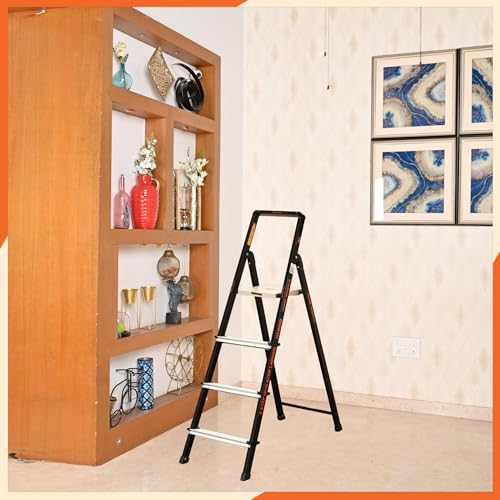 Image of Prime Magnus 4-Step Hybrid Step Ladder | Steel Frame + Aluminium Steps | Heavy Duty Ladder for Home | Anti-Skid Platform | 150 KG Load Capacity | 5 Year Warranty | Made in India | Black & Silver