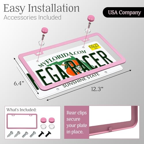 Image of Premium Princess Pink License Plate Frame - 1 Piece, Rust-Free Stainless Steel, Street Legal & Rattle-Free, Universal Slim Design with Screw Caps, Durable Car Tag Holder for Women, Cute & Girly Gift