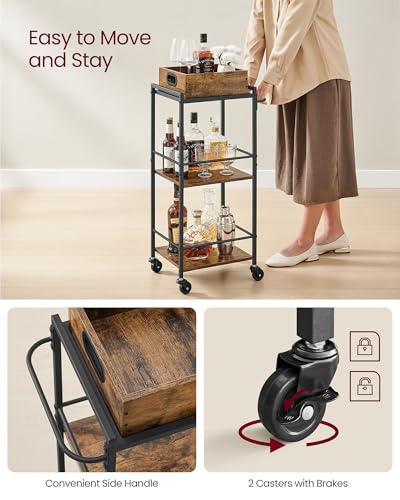Image of VASAGLE 3-Tier Kitchen Serving Cart with Removable Tray, on Wheels