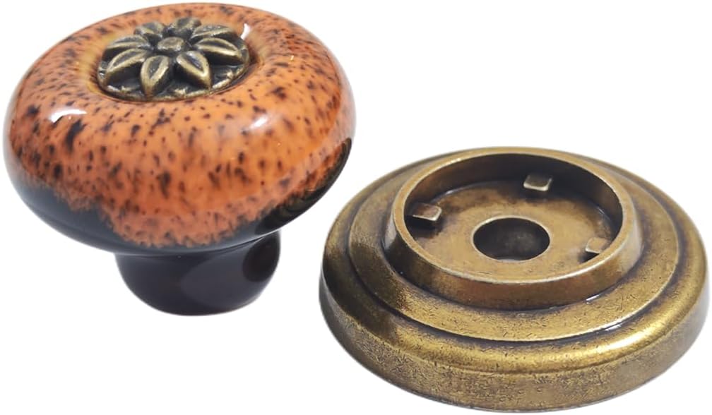 5 Pack Retro Ceramic Knobs, Vintage Dresser Leopard Kitchen Petal Cabinet Pulls Rustic Zinc Alloy Base Backplate Cupboard Wardrobe Drawer Door Handles (Leopard Print -Orange) image 5
