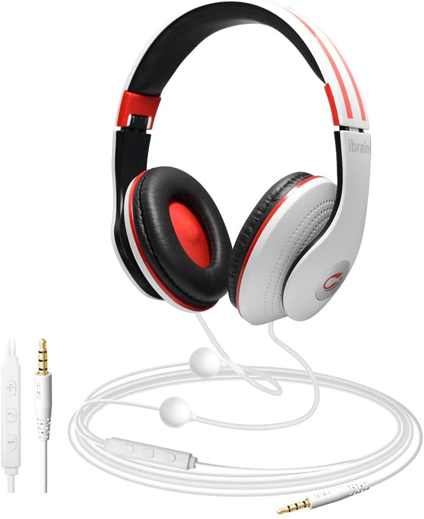 ibrain Air Tube Headphones Air Tube Headset Over The Ear Headphones Wired Airtube Headset with 3.5mm Jack for Computer, PC, Phone - White