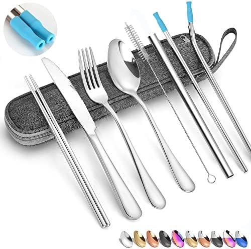 Travel Reusable Utensils Silverware with Case,Travel Camping Cutlery set,Chopsticks and Straw Portable Flatware with Case, Stainless steel Travel Utensil set 8 Piece AF(Silver)