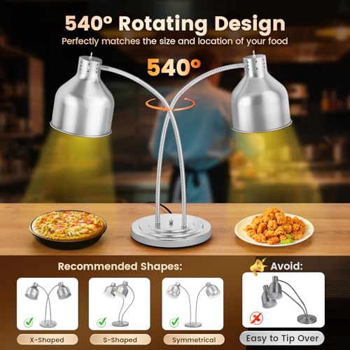 BOEASTER Food Heat Lamp, 500W Dual-Head Stainless Steel Commercial Food Warmer Lamp with 540° Rotation & 3Pcs Bulbs, Portable Warming Light for Restaurant Kitchen Buffet Counter Party Catering by BOEASTER - Image 3