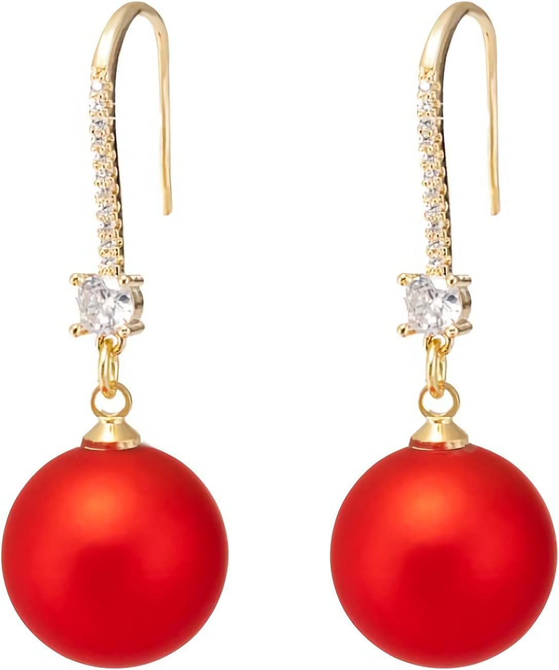 Big Pearls drop dangle Sterling Silver 18k Gold Plated Ear Hook Pearls Earrings for Women Ladies GirlS,Hypoallergenic red,White&Pink Pearls Dangle Drop Earrings with Cubic Zirconia large big Pearls Earrings.(Big Pearls diameter 13-14 mm)