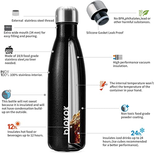 Image of BJPKPK Insulated Water Bottles 17oz, Leak Proof Stainless Steel Water Bottle Keeps Cold for 24 Hours and Hot for 12 Hours, BPA Free,Black