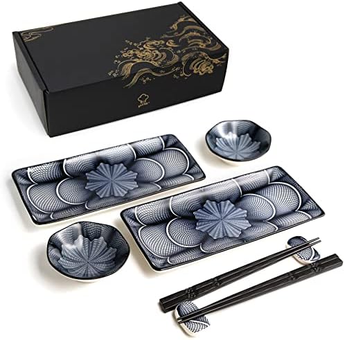 ELUSH 8 Piece Japanese Style Ceramic Sushi Plate Set 10-inch rectangle sushi dishes- 2 Sushi Plates, 2 Sauce Dishes, 2 Pairs of Chopsticks, 2 Chopsticks Holders