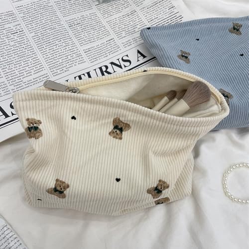Cute Small Soft Corduroy Zipper Makeup Bag for Purse, Coquette Aesthetic Pouch with Bear Pattern for Women Girls, Kawaii Travel Cosmetic Bags（03Beige）3