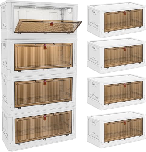 Image of YFXCVSL 4 Tier Storage Bins with Lids 102QT, Stackable Storage Containers with Wheels, Folding Boxes, Extra Large Collapsible Bins, White