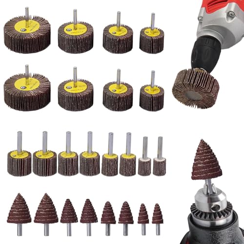 24pcs Abrasive Flap Wheel Set, 12 Sizes (16-80mm), 80 Grit Sanding Flap Wheels, 1/4 Shank Drill Sanding Attachment, Abrasive Sandin-g Heads Sandin-g Discs for Metal, Wood & Pipes(COLOR:yellow)