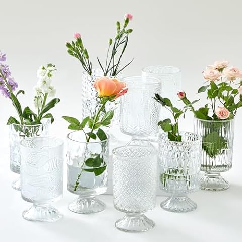 Ninehaoou 9 Set Flower Vase Glass Crystal Vases Embossed Pedestal Vases for Centerpieces Hydroponic Glass Transparent Vase for Home Office Wedding Dining Table Party (H:7" W:4") Cover