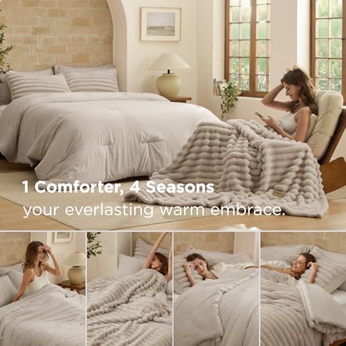 Image of Bedsure Gentlesoft 2-in-1 Queen Comforter Set and Detachable Fluffy Blanket, Beige Bedding Set for All Season Use, Detachable Design for Space Saving (Includes 2 Pillow Shams, 2 Pillowcases)