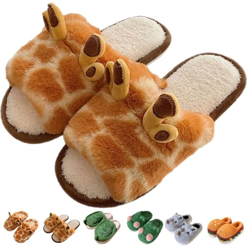 Jfxgjuv Giraffe Slippers for Women Men, Cute Fluffy Giraffe Print Fuzzy Animal Slippers Warm Cozy Plush Comfy Non-Slip House Shoes