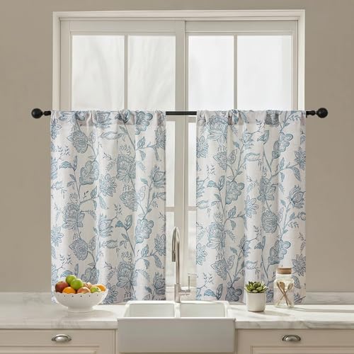 Ebesto Floral Short Curtains for Windows - Faux Linen Textured Small Kitchen Window Curtains Over Sink, Light Filtering Short Curtains Tiers for Bathroom Basement, 2 PCS, Each 30Wx36L, Dusty Blue