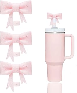 3 Pcs Glitter Pink Bow Straw Covers Cap Toppers Compatible with Stanley 30&40 oz Tumbler Cups,Reusable Cute Silicone StrawTips Lids Protectors for 0.4 in/10mm StanleyCups StrawAccessories