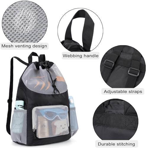 Veious Swim Bag for Kids Mesh Beach Backpack for Boys Lightweight Drawstring Beach Bag Swimming Pool Sports Gym String Bag (Black) by Veious - Image 5