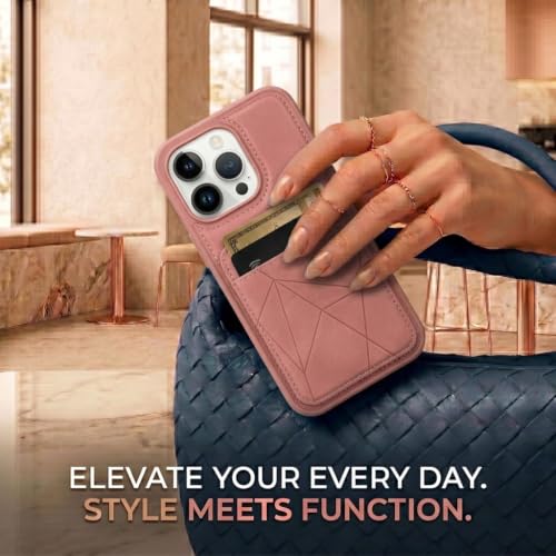 Image of amazon basics Premium Vegan Leather Back Cover with Card Holder and Integrated Mobile Stand for iPhone 15 Pro Max - Slim Shockproof Wallet Case with Geometric Stitching [Pink]