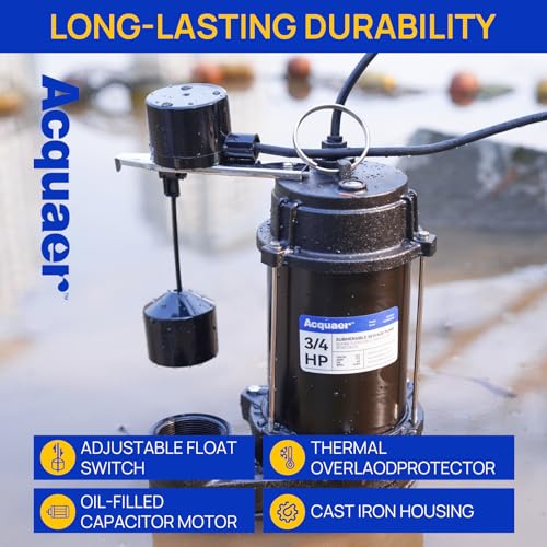 Acquaer Sewage Pump Submersible Water Pump with Automatic Float Switch, for Sump Basin, Residential Sewage, 3/4 HP 6400 GPH Sewage Pump with Vetical Float 2\'\' NPT