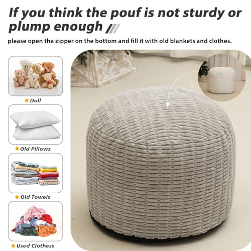 Round Stuffed Pouf Ottoman for Foot Rest, Storage Ottoman Pouf Foot Stool Cushion, Faux Fur Poufs with Foam Chunk Filling, 20 X 15 Inch Floor Chair for Living Room Bedroom Home Decor, Light Gray