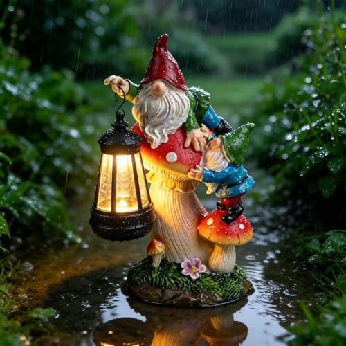 Image of Solar Gnome Garden Statue with Mushroom Lights for Outdoor, Waterproof Garden Gnomes Decor for Yard Lawn Balcony, Cute Gnome Figurine Lights for Patio Decor, Ideal Gift for Garden Lovers & Homeowners
