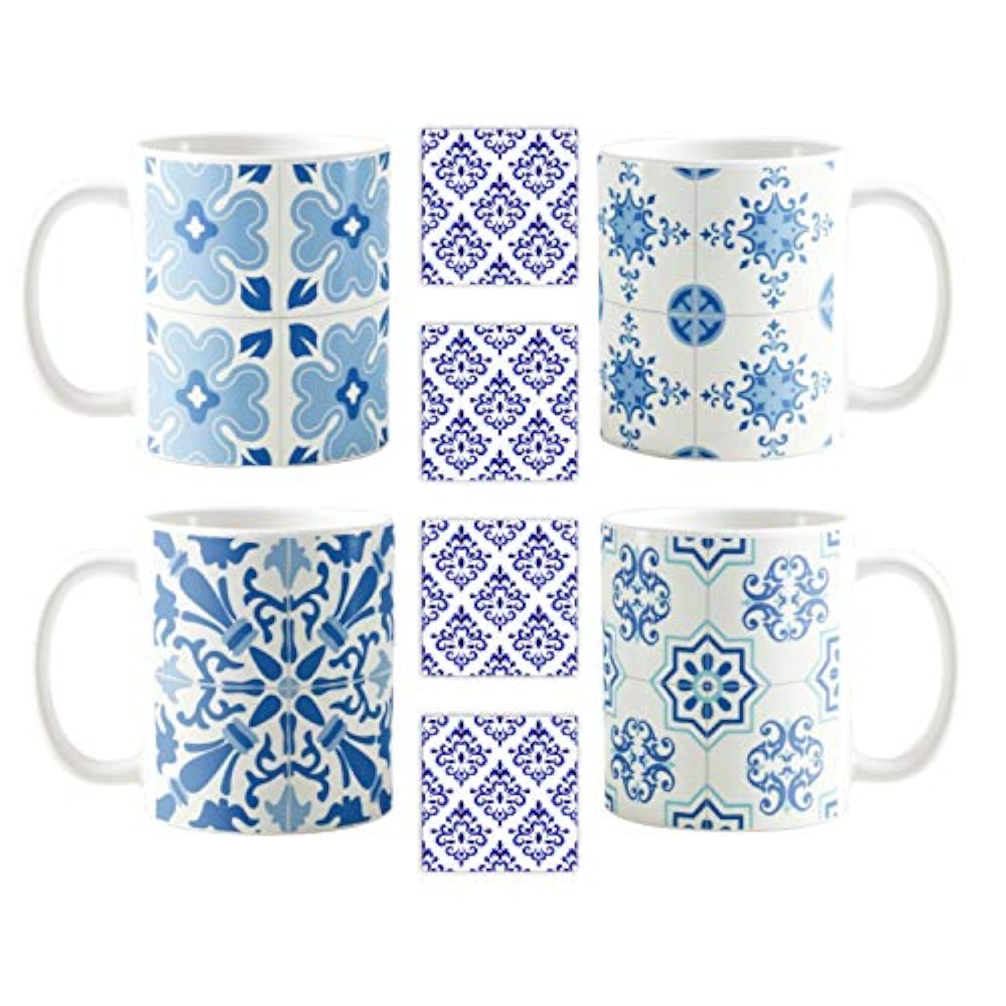Blue Pottery Indigo Mug Set of 4, Antique Design with Coasters