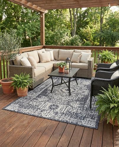 Rugs.com Outdoor Traditional Collection Rug – 9' x 12' Charcoal Gray Flatweave Rug Perfect for Living Rooms, Large Dining Rooms, Open Floorplans