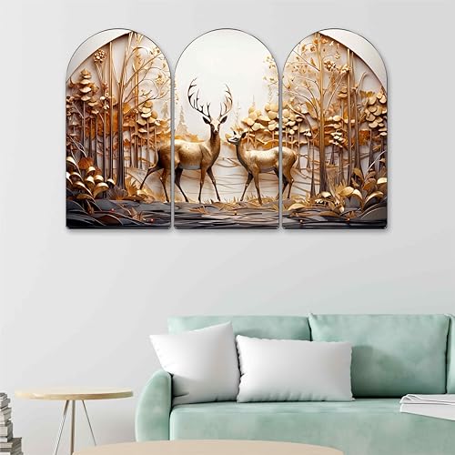Image of Livin'luxe Golden Deer Couple Forest Arch Shape Wall Painting Set of 3 | Luxury 3D Textured Nature Art | MDF Panels for Living Room Bedroom Home Decoration (20 x 30 Inch) RPNS-35371