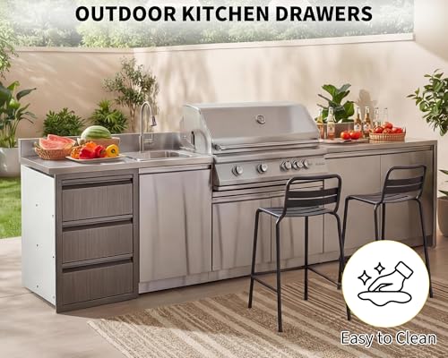 Takywep Outdoor Kitchen Drawers 14.7W x 24.5H x 18.5D, Flush Mount Triple Drawer Storage Cabinet, Stainless Steel, Weatherproof with Ergonomic Handles for BBQ Island & Patio Grill, Gray Grain — view 3