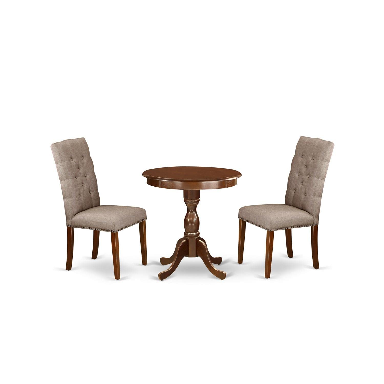 East West FurnitureESEL3-MAH-16 Eden 3 Piece Dinette Set for Small Spaces Contains a Round Table with Pedestal and 2 Dark Khaki Linen Fabric Parson Dining Chairs, 30x30 Inch, Mahogany