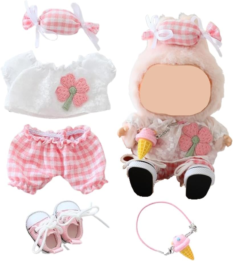 Clothes for Labubu Doll,Clothes for Dolls Accessories,Four-Leaf Clover Candy Summer Replacement Outfit Set 5 Pieces Suitable for Labubu 15&17cm ,Adorable Dress-Up Accessories for Doll (Purple)
