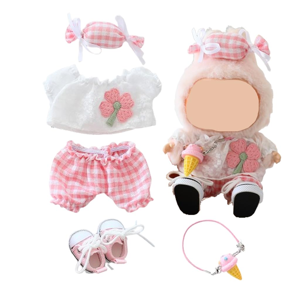 Clothes for Labubu Doll,Clothes for Dolls Accessories,Four-Leaf Clover Candy Summer Replacement Outfit Set 5 Pieces Suitable for Labubu 15&17cm ,