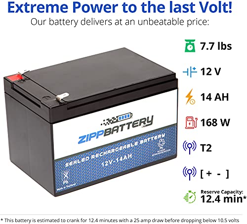 Zipp Battery 12V 14Ah Sla Rechargeable Replacement Battery For Ups Back Up, Electric Scooter, Wheelchair, Alarm, And More: 5.94 X 3.86 X 3.74, T2 Terminal #TOP2