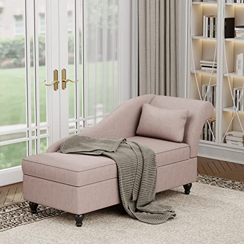 Tan Upholstered Chaise Lounge Chair with Wood Legs for Living Room or Bedroom (Right Arm)