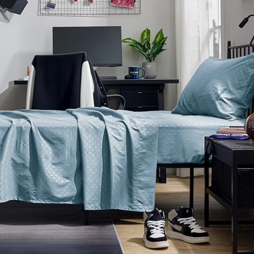 SLEEP ZONE Luxury Embossed Twin Bed Sheets Set for Kids, Four-Leaf Clover Pattern Sheet & Pillowcase Sets 3 Piece - Super Soft, Wrinkle Free, Fade Resistant, Deep Pocket 16" (Flint Blue, Twin)