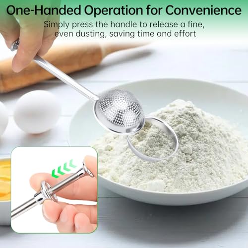 Flour Sifter for Sourdough Bread - Bread Flour Shaker Duster, One Handed Operation Flours Duster for Breads Baking, 304 Stainless Steel, Spring Handle Bakers Dusting Wand for Flours