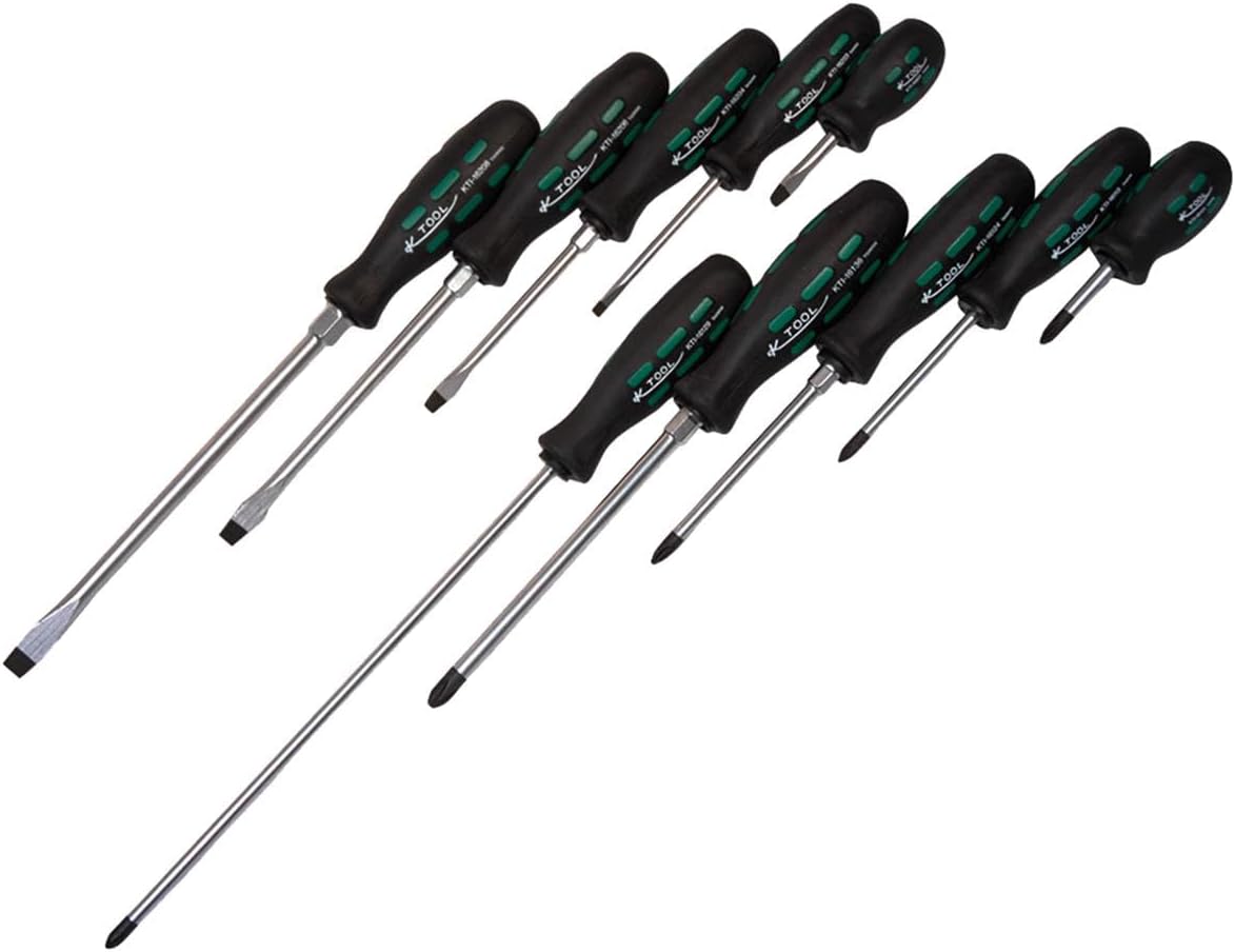 K Tool International 16000 Pro Series Screwdriver Set for Garages, Repair Shop and DIY, Triangular Grip, Non-slip, Chrome Vanadium Blade, 5 Slotted/Phillips, Black, 10 Piece