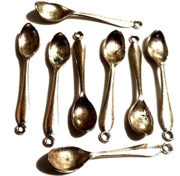 Silver Knight10 x Dull Antique Silver Tone Miniature Spoons, Spoon Charms, Arts and Crafts, Beads, Jewelry Making Parts, Alice Spoons, Dolls House Furnishings
