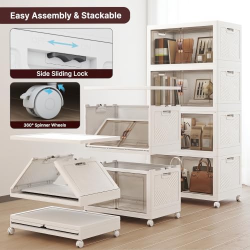 Image of Stackable Storage Bins with Lids, 440QT Lockable Storage Cabinet | Closet Organizers, Foldable Storage Box with Doors and Wheels, Plastic Drawers for Home, Garage, Office (4, White, Plus)