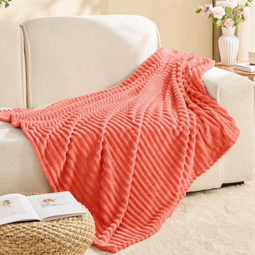 Image of BEDELITE Fleece Blanket Twin Size - 3D Ribbed Jacquard Soft and Warm Decorative Fuzzy Blankets - Cozy, Fluffy, Plush Lightweight Throw Blankets for Couch, Bed, Sofa(Coral Red, 60x80 inches)
