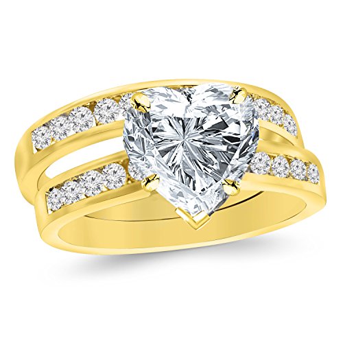 14K Yellow Gold 2.75 Carat Lab Grown Diamond Channel Set Wedding Band and Asscher Cut Diamond Engagement Ring