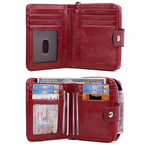 Image of BOSTANTEN Leather Wallets for Women RFID Blocking Zipper Pocket Small Bifold Wallet Card Case Wine Red