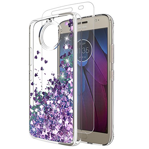 Moto G5S Plus Case with Tempered Glass Screen Protector, Rosebono Quicksand Glitter Sparkly Bling Cute Liquid Shiny Luxury TPU Protective Cover for Motorola Moto G5S Plus (Purple)