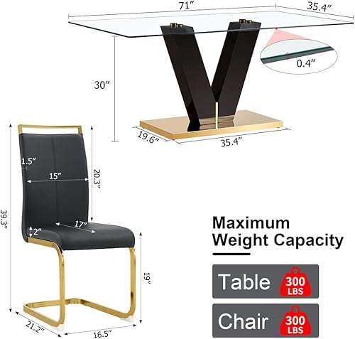 Miniatura 2 de Juego de mesa de comedor de vidrio de 71 pulgadas para 6, juego de mesa de comedor para 6, mesa de cocina moderna y 6 sillas de PU, parte superior