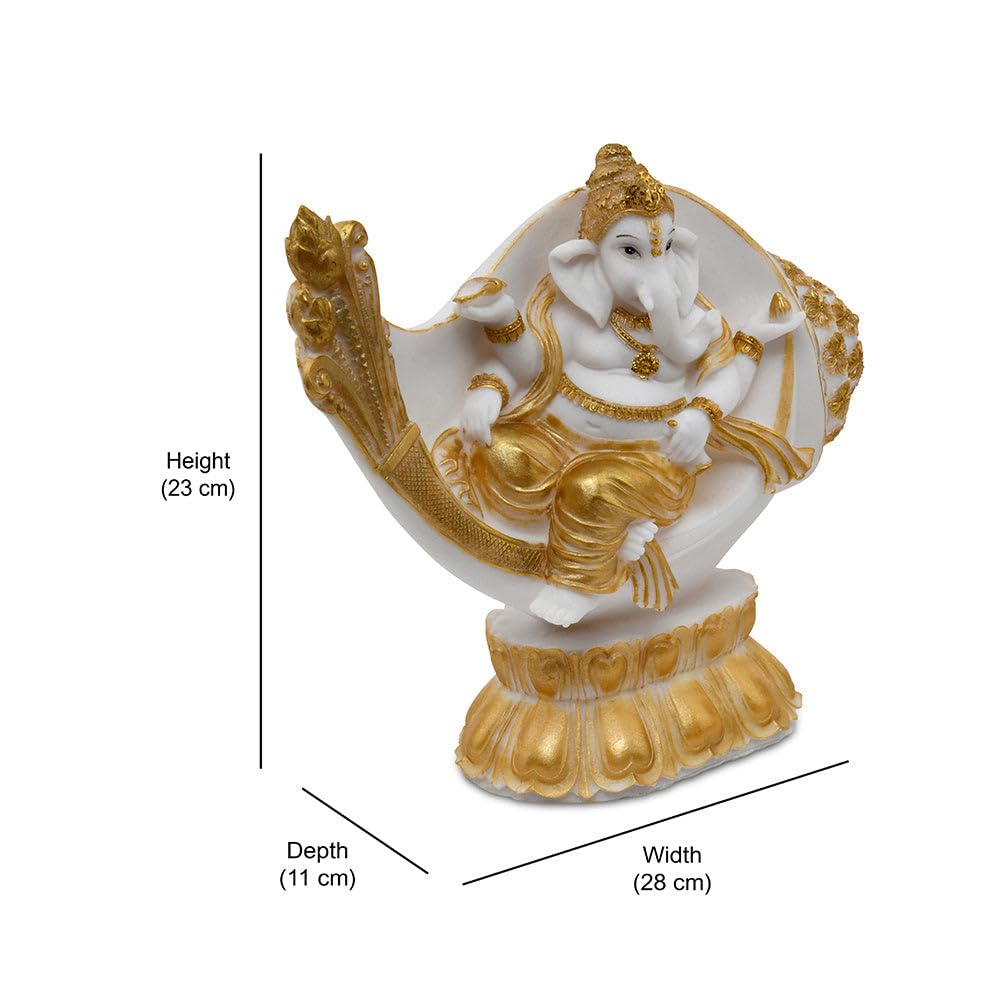 @home Ganesha On Shankh Polyresin Showpiece Decoration, Office, and Gifting |White and Gold by, Fantasy, 28 Cm, 28 Cm 4