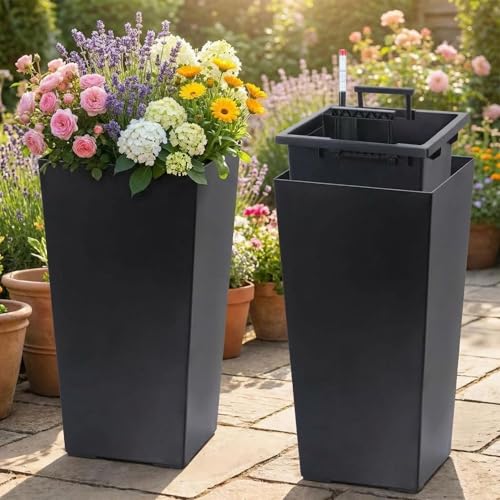 ExploreHorizon 22.5" Tall Planters Set of 2, Outdoor & Indoor Planter Pots for Front Porch and Patio, Automatic Watering Garden Planters with Water Level Monitor, Inner Bucket & Drainage Holes,Black